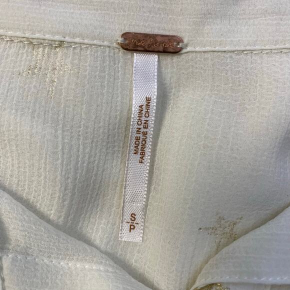 Free People White Semi Sheer Gold Stars Button up Top Size Small Boho - Picture 2 of 7